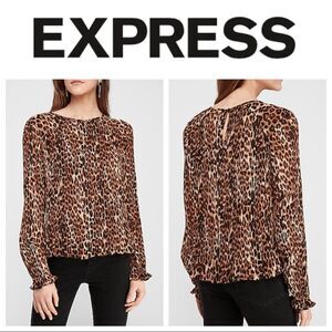 Express Leopard Blouse NEW Accordion Pleat Top Medium Animal Print